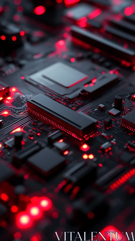 Neon-lit black circuit board reveals dense microchip network.