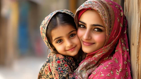 Mother and Daughter in Traditional Attire, Warm Portrait Photography.