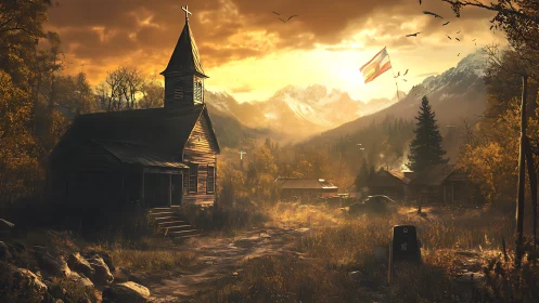 Sunlit mountain village with rustic chapel and autumn glow.