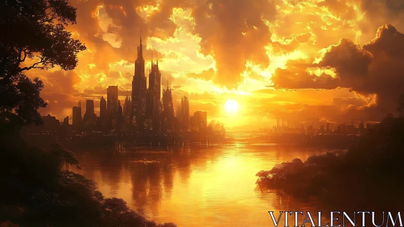 Golden river city at sunset wrapped in glowing clouds.