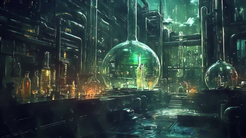 Futuristic alchemy lab glows within towering glass reactors.