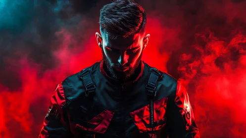 Stoic male figure in tactical jacket amid red smoke.
