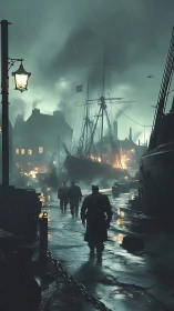 Stormlit harbor shadows walk beneath rain-soaked lamplight.