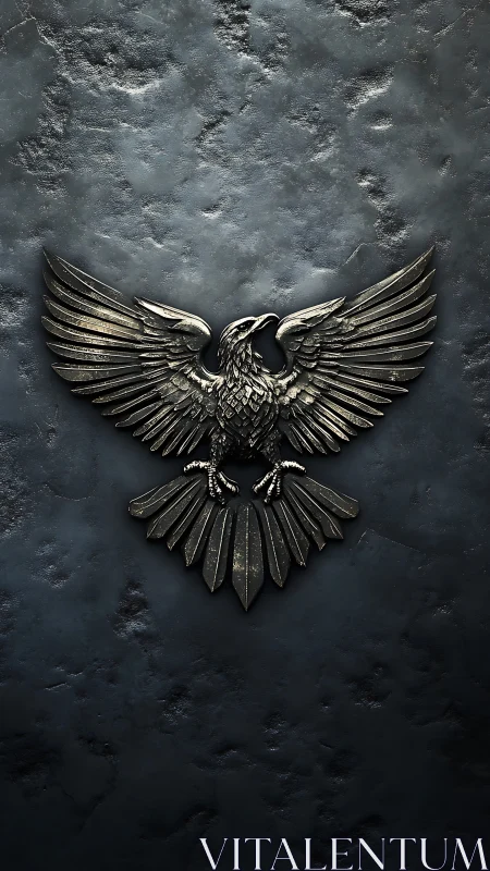3D metallic heraldic eagle emblem on dark textured stone wall.