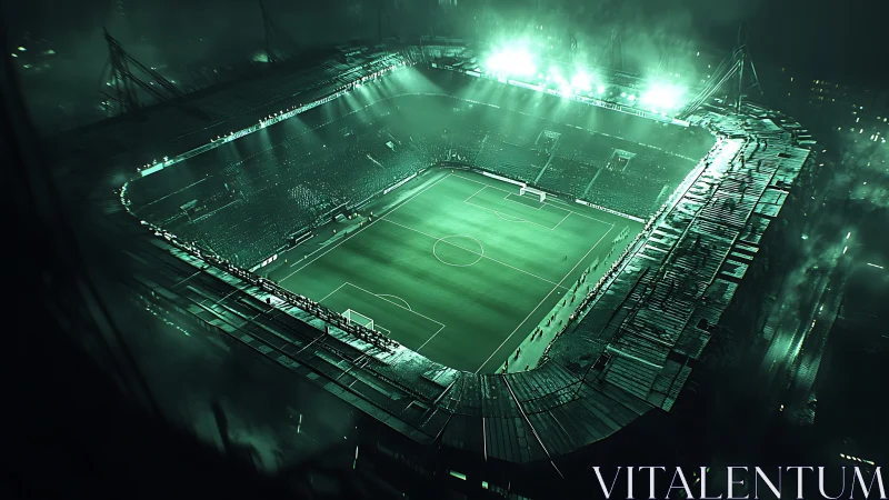 Floodlit football stadium viewed from high diagonal angle