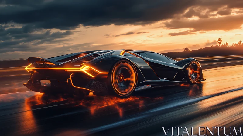 Luminescent hypercar aerodynamics on wet reflective highway.