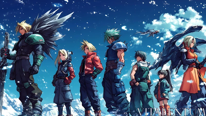 Anime hero lineup under vivid blue winter sky panorama.