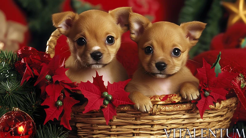 Two small puppies in basket with red Christmas decor.