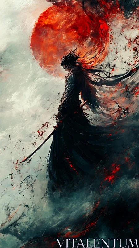 Lone warrior beneath a burning crimson eclipse sky.
