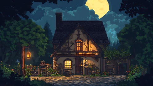Moonlit pixel cottage with warm lantern-lit stone path.