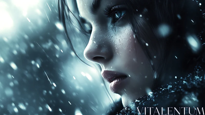 Young woman&rsquo;s frozen gaze cuts through a swirling snowstorm