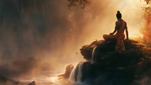 Sunlit sage above waterfalls in mist-wrapped forest silence.