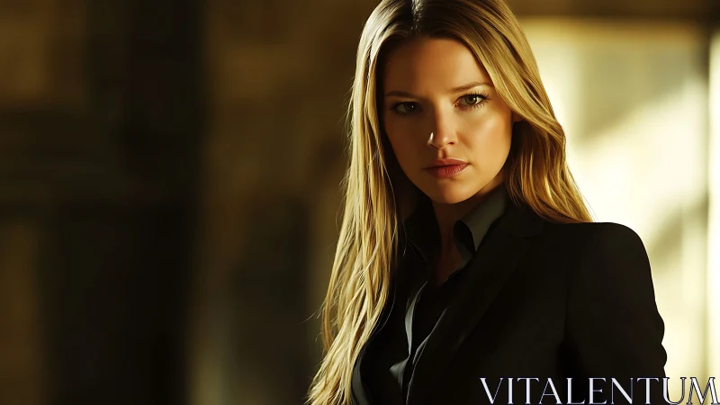 Confident Woman in Black Suit, Cinematic Lighting Portrait.