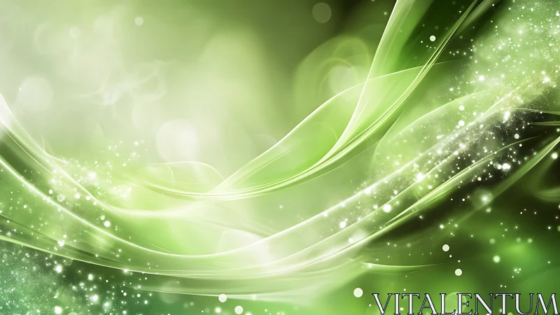 Layered translucent green light waves curve through bokeh field