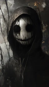 Hooded humanoid figure with mask stands in dark environment