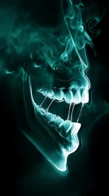 Luminous teal smoke forming a partial human skull profile.