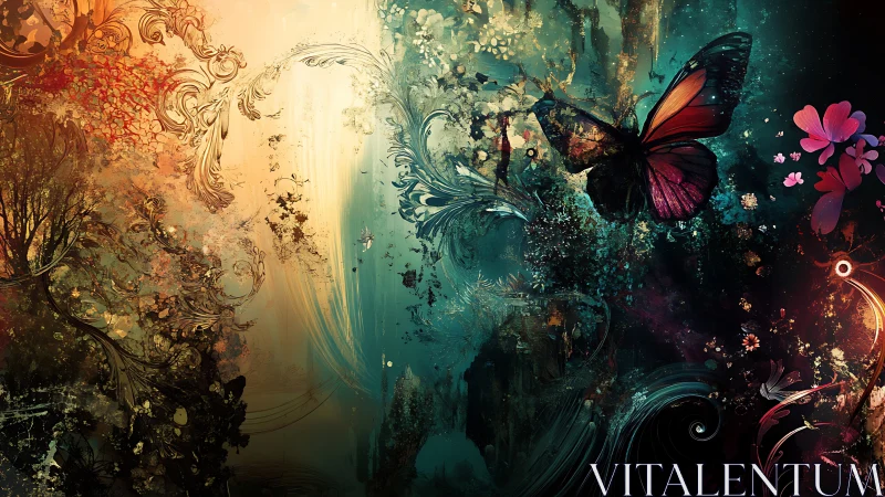 Butterfly crosses luminous abstract forest gradient. Period.