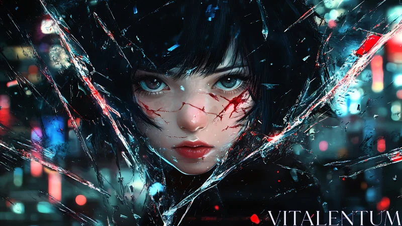 Shattered neon gaze of a cyberpunk girl frozen in defiance.