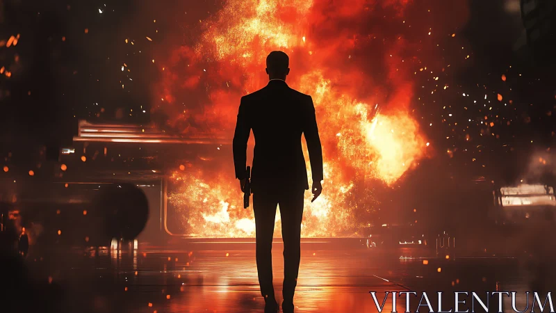 Solitary figure strides through inferno's brilliant theatrical backdrop