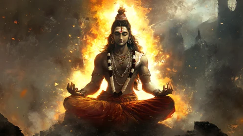 Meditating ascetic deity in lotus pose within eruptive fire halo