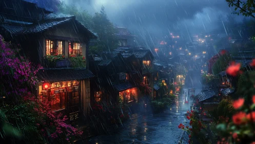 Cozy lantern lit village street glowing in a gentle night rain.
