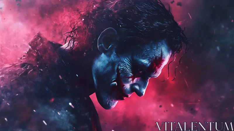 Profile of sinister clown figure in red and blue haze.