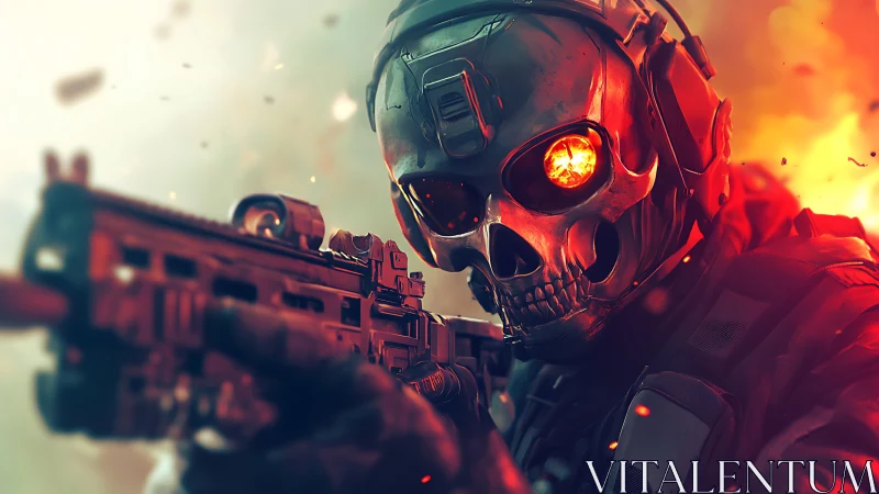 Cybernetic skull soldier with rifle in explosive combat field.