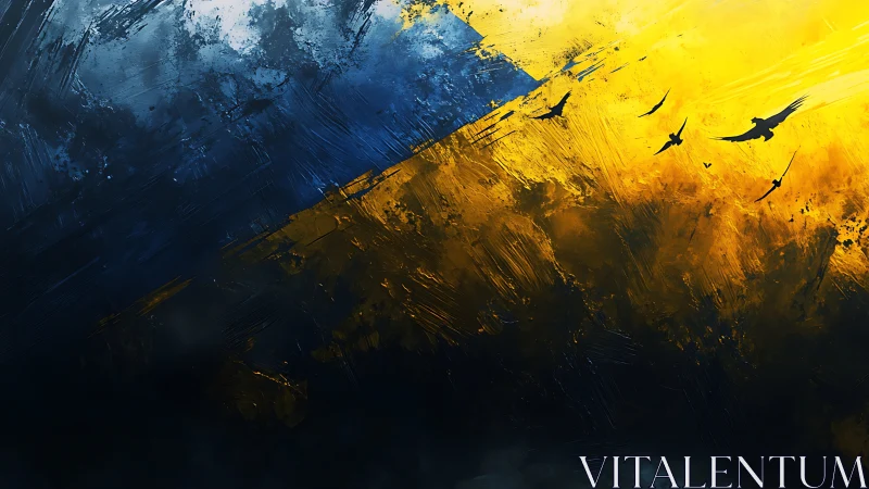 Diagonal blue and yellow abstract sky with flying birds.