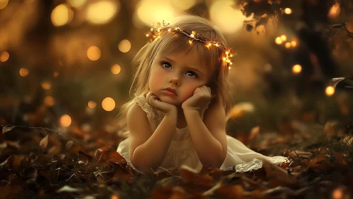 Young Girl Contemplating Among Autumn Leaves and Golden Lights