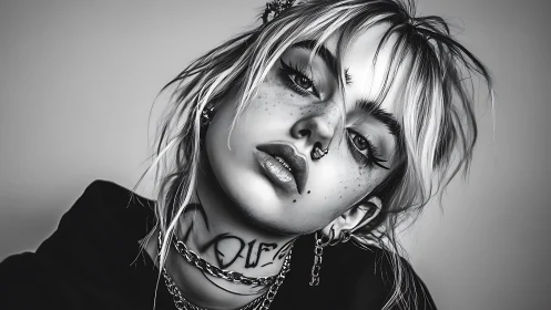 Edgy monochrome portrait of pierced, tattooed youth.