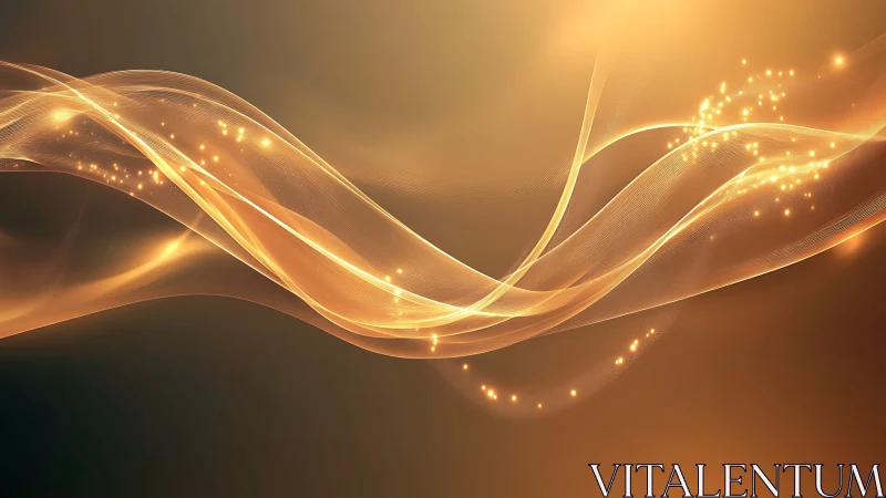 Golden light waves with glowing particles on dark background.