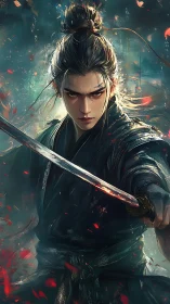 Stoic samurai warrior with katana amid swirling embers.