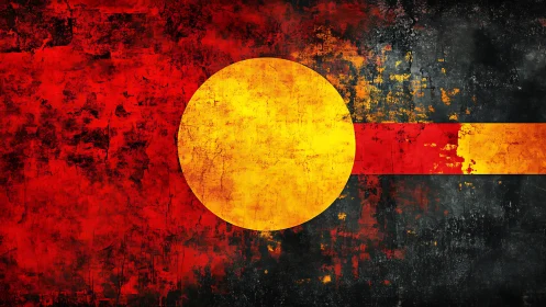 Grunge texture flag with central yellow circle on bands.