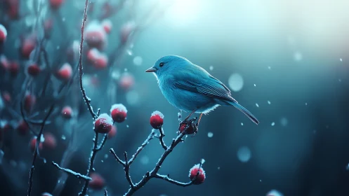 Blue songbird perched on snowy berry branch, dreamy winter style.