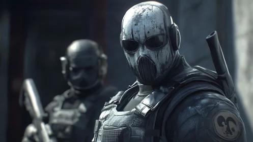Masked futuristic soldiers holding a tense urban frontline.