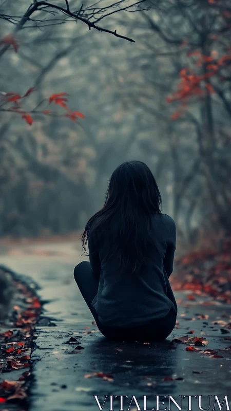 Solitary figure on wet path in fog, cool palette and shallow depth