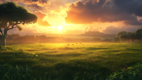 Sunlit grassland landscape with distant grazing animals
