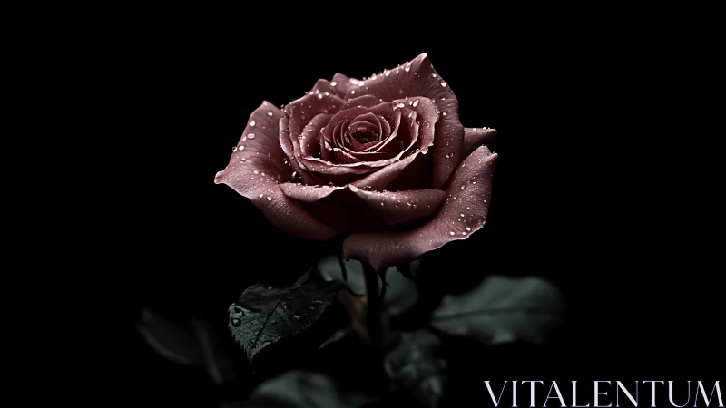 Deep burgundy rose glistens with dewdrops against darkness