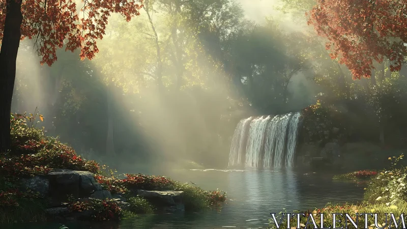 Gentle morning waterfall wrapped in quiet forest light.