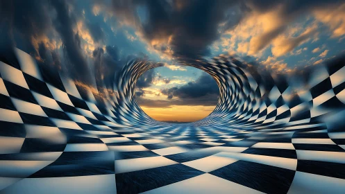 Warped checkerboard horizon curls into a lucid sky portal.