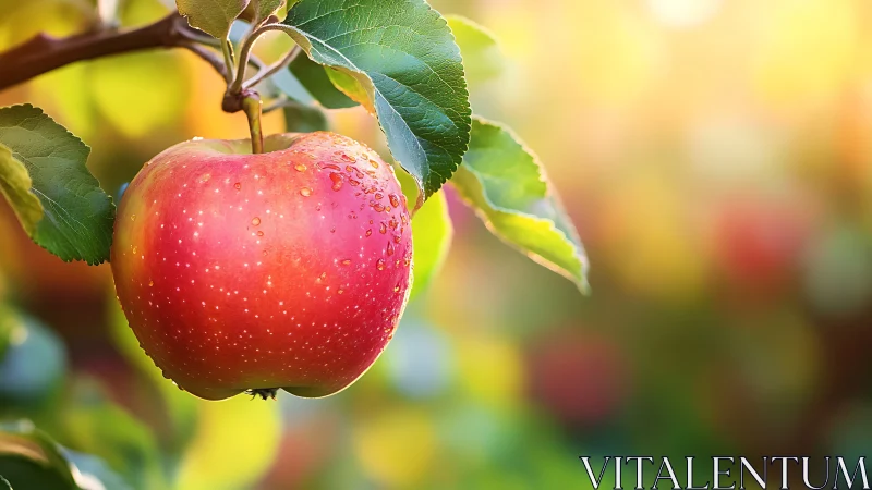 Sunlit red apple on branch with soft bokeh orchard glow.