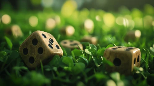Wooden dice rest in lush green grass under soft sunlight