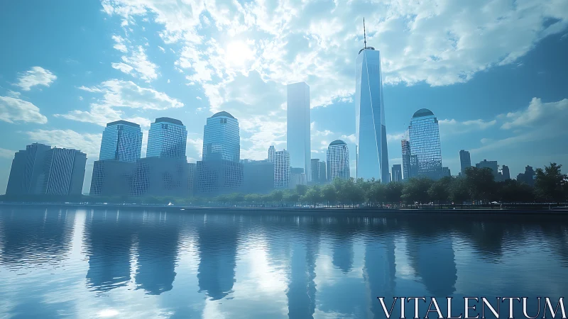 Modern glass skyscrapers reflect in calm waterfront skyline