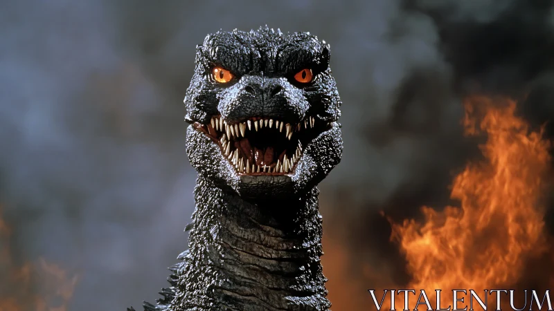 Kaiju reptile portrait framed by cinematic fire and smoke.