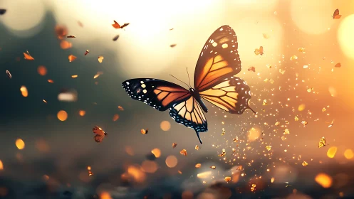 Monarch butterfly soars through glowing golden bokeh dusk.