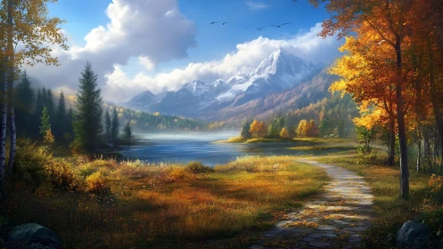 Golden autumn trail curves beside a tranquil mountain lake