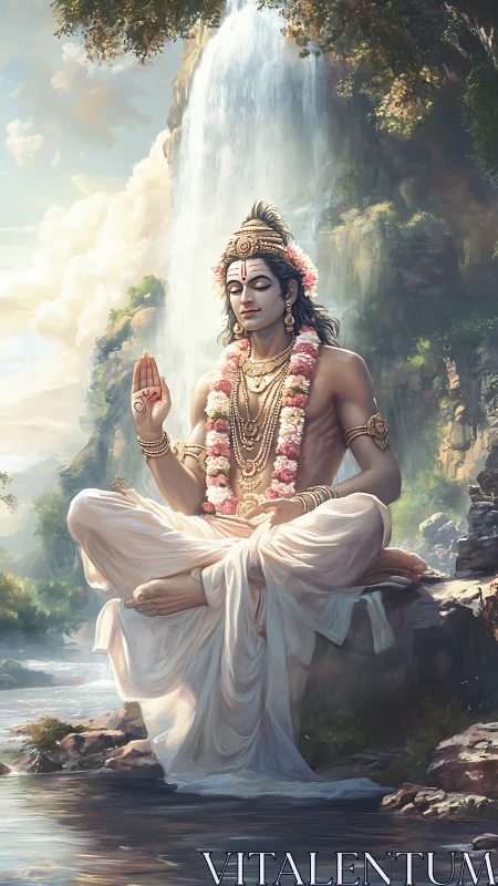 Serene Hindu deity meditates by a waterfall in soft dawn light