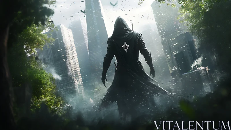 Hooded figure dominates misty post-urban canyon in backlight