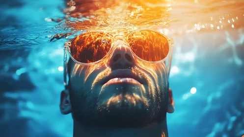 Man underwater wears mirrored sunglasses splitting warm light