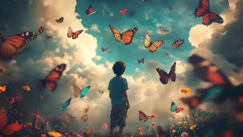 Child stands in enchanted meadow as vivid butterflies soar.